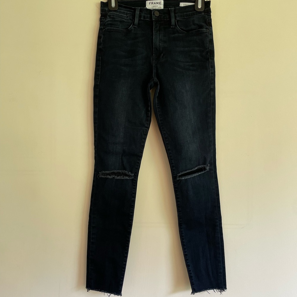 FRAME denim Jeans Le High Skinny dark wash distressed knee raw hem jeans…